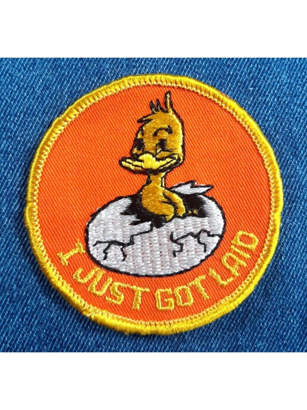 NOS 70s Vintage I Just Got Laid Embroidered 3" Patch Duck Chick Funny Naughty